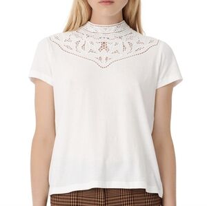 Maje White Embroidered Lace Cutout Yoke Short Sleeve Tshirt Sz 1 S